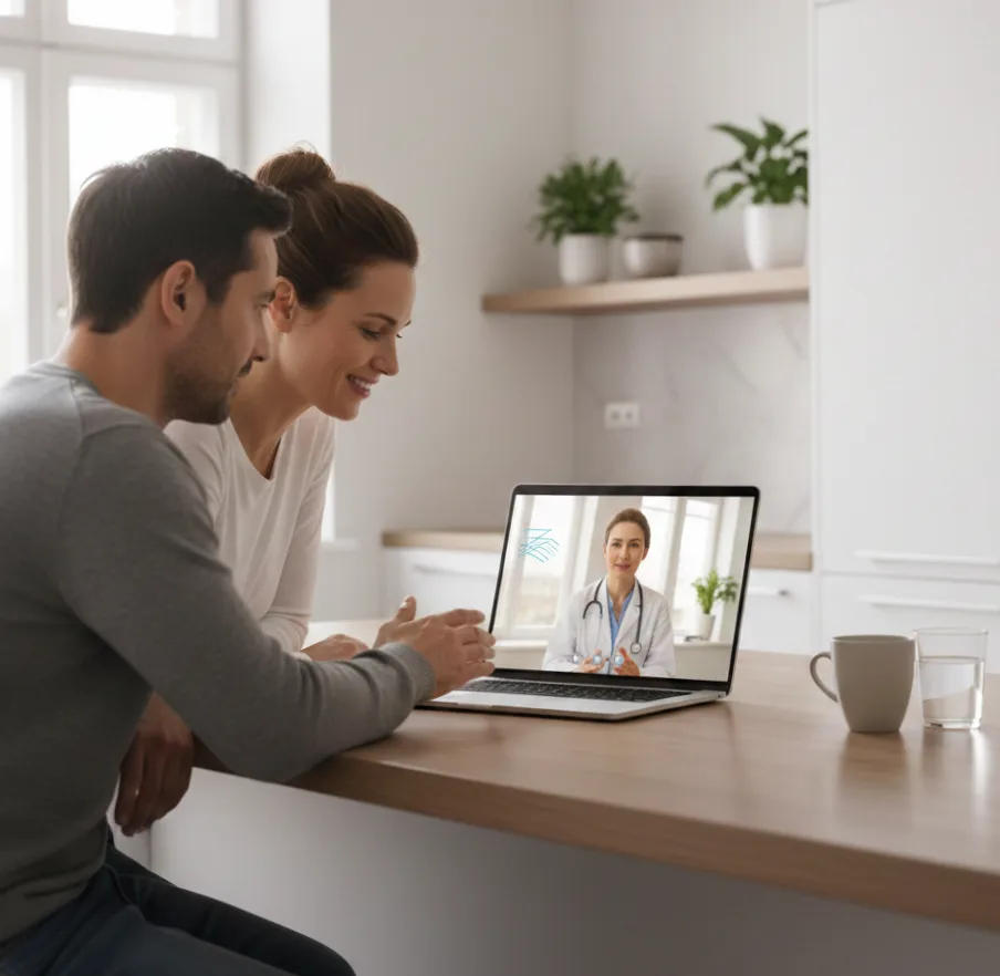 Couple in video call with doctor online.