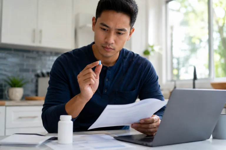 Person holding a PrEP pill while reviewing healthcare paperwork.