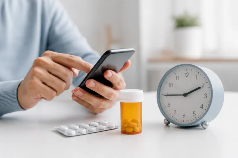 Person seeking urgent HIV prevention guidance on a smartphone with PEP medication and clock nearby.