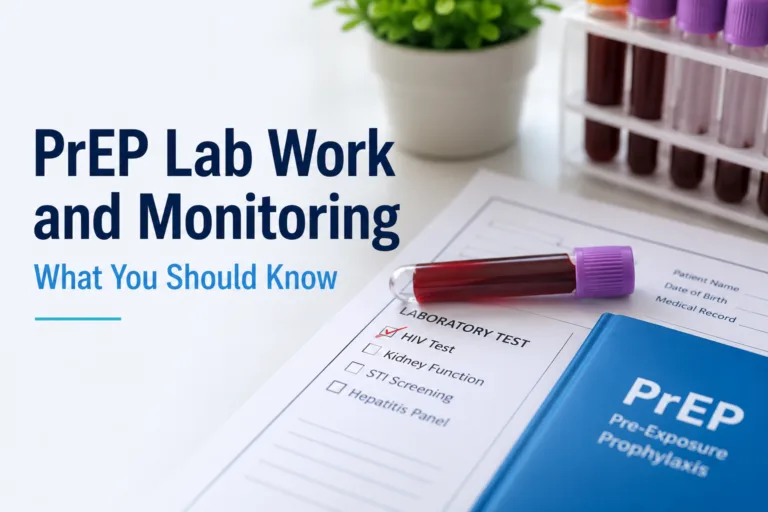 PrEP lab work checklist with blood sample tubes and HIV prevention materials.
