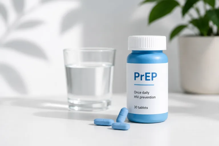 PrEP medication bottle with tablets and glass of water
