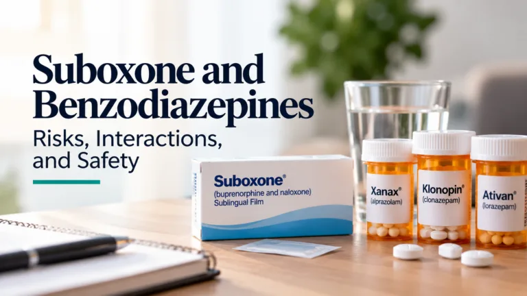 Suboxone medication box alongside Xanax, Klonopin, and Ativan prescription bottles, illustrating Suboxone and benzodiazepines interactions.