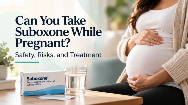 Pregnant woman holding her belly beside Suboxone medication and a glass of water, illustrating Suboxone safety during pregnancy.
