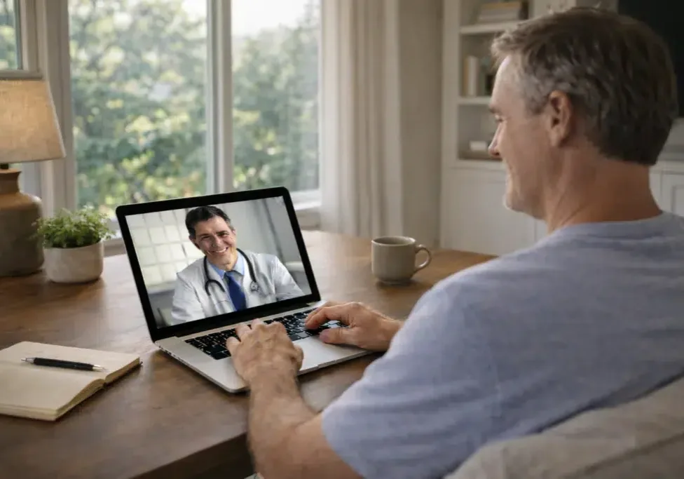 Adult participating in confidential telehealth consultation for substance abuse treatment in San Francisco County using a laptop from home.