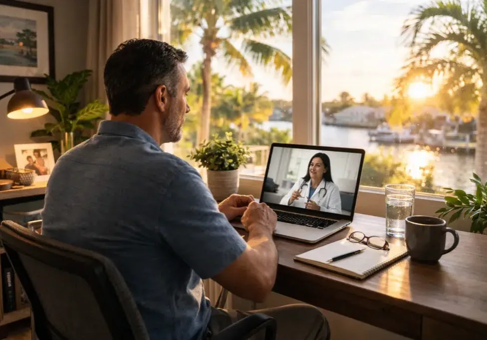 Patient participating in telehealth medication-assisted treatment (MAT) consultation with physician in Fresno County.