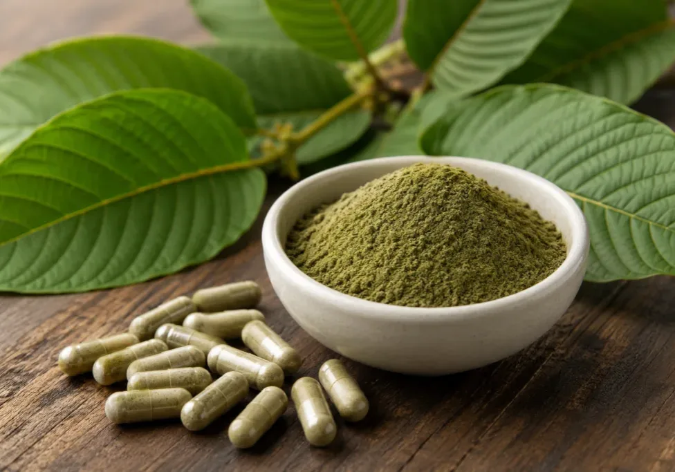 Kratom leaves, powder, and capsules on a wooden table
