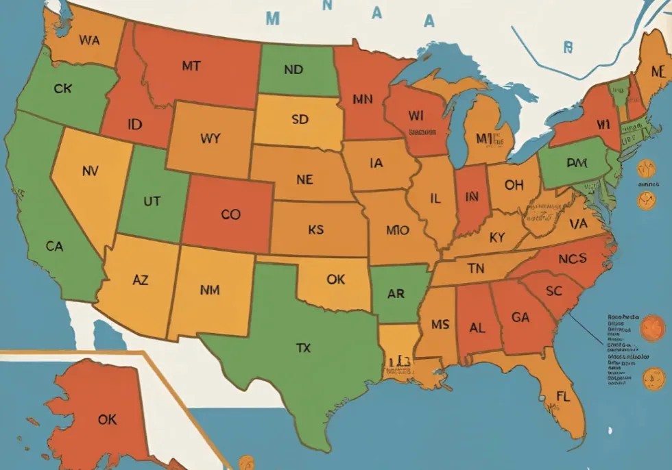Map of the United States with states colored.