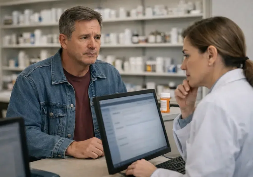 Patient at pharmacy counter while pharmacist reviews out-of-state telehealth prescription.