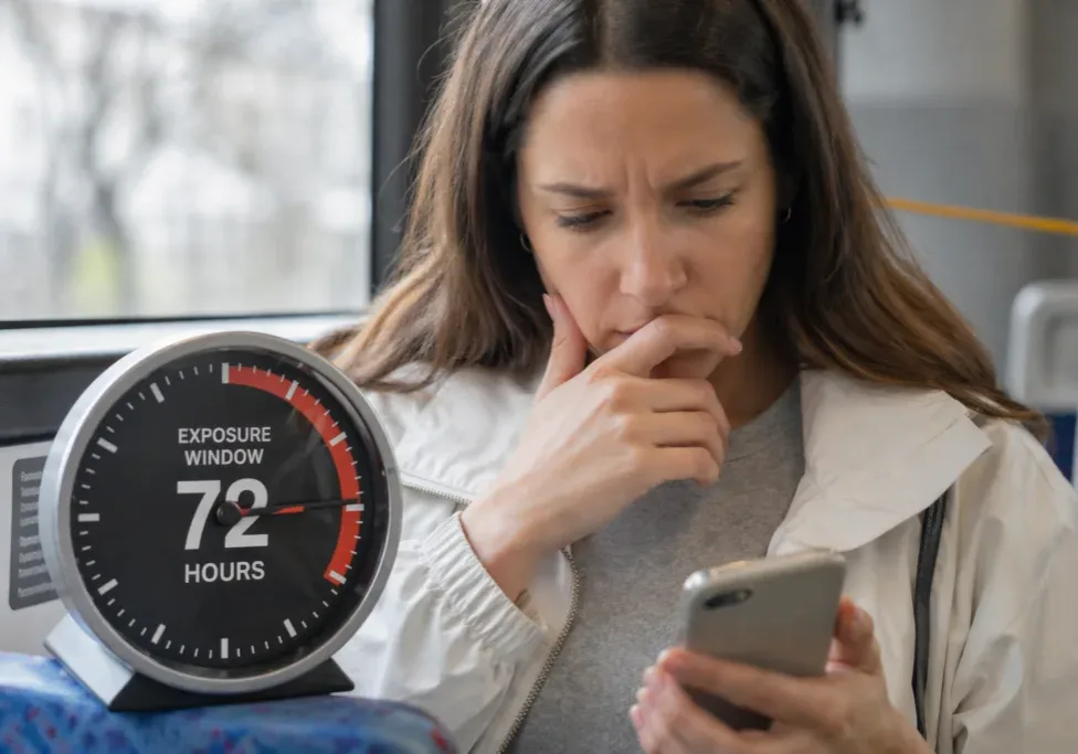 Person checking time urgently on phone after possible exposure to sickness