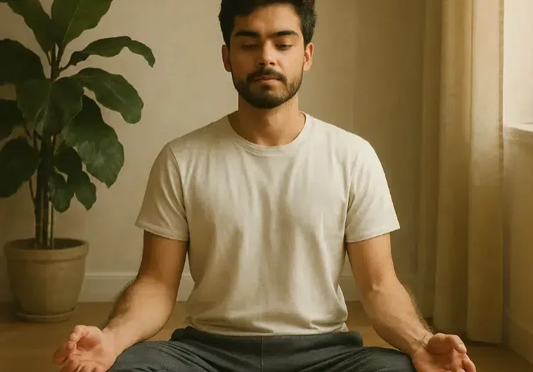 Man meditating indoors beside a plant.