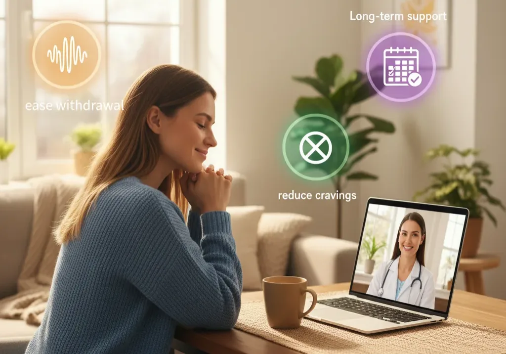 Woman video calling doctor about Suboxone benefits.