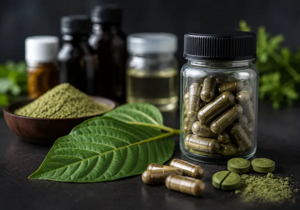 7-OH capsules, kratom leaf, and powdered extract on a table
