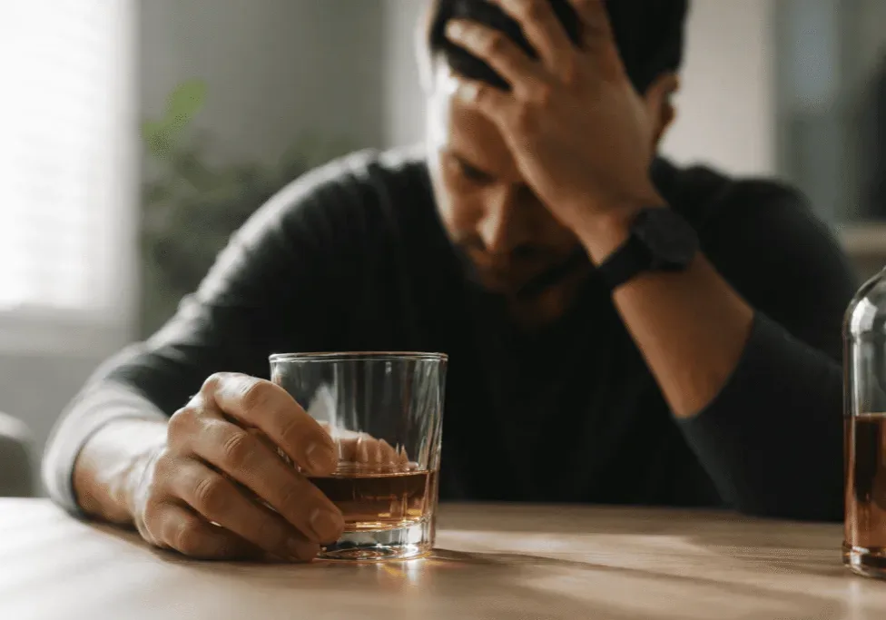 Person holding a glass of alcohol while showing signs of emotional distress before seeking help for alcohol use disorder
