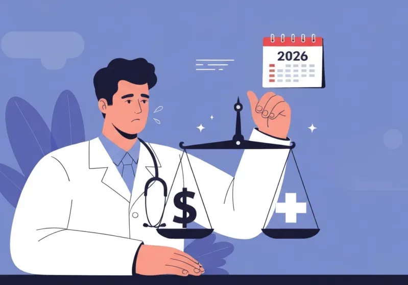 Doctor weighing money against healthcare in 2026.