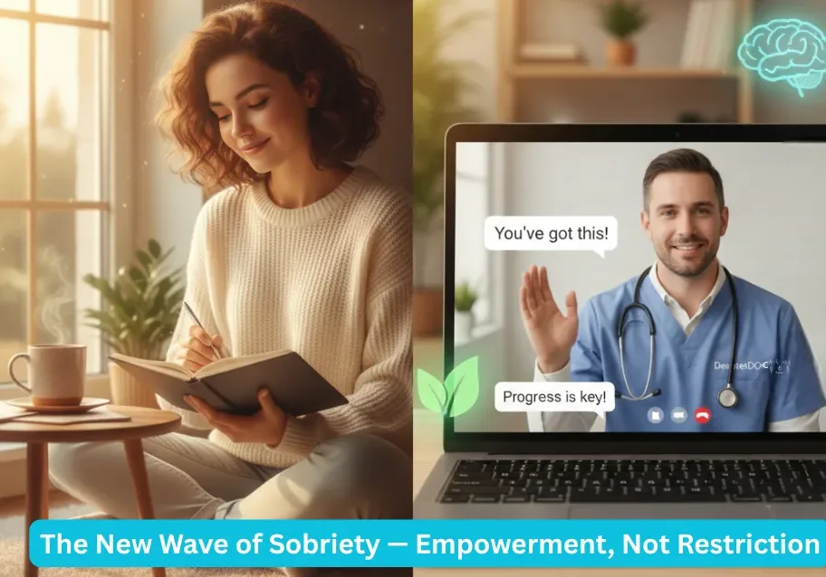 Woman journaling, video call with doctor.