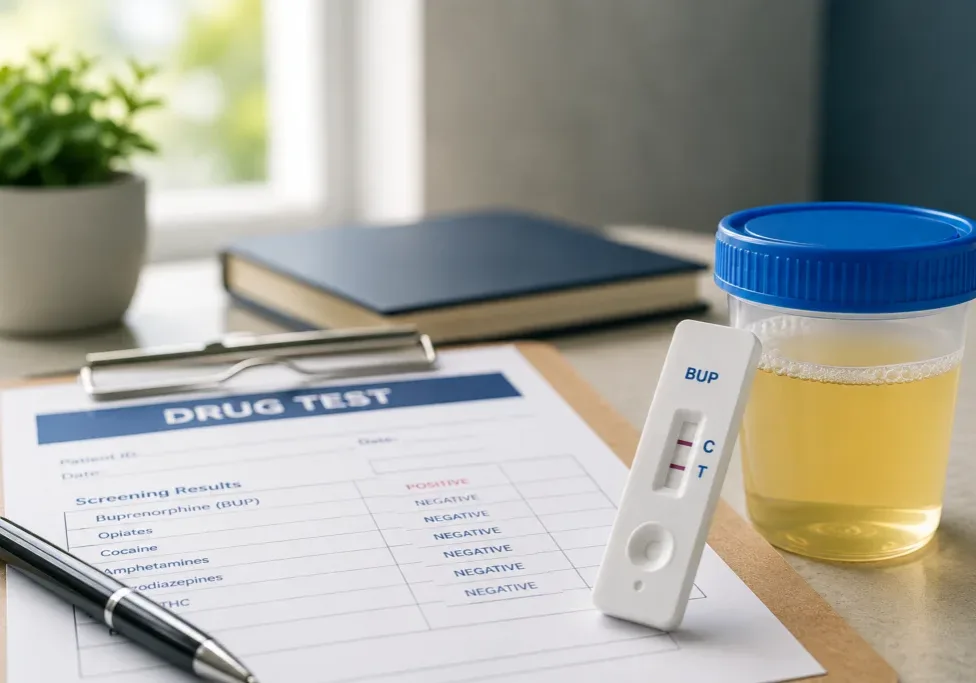 Suboxone drug test kit beside a specimen cup and results form on a clinic desk