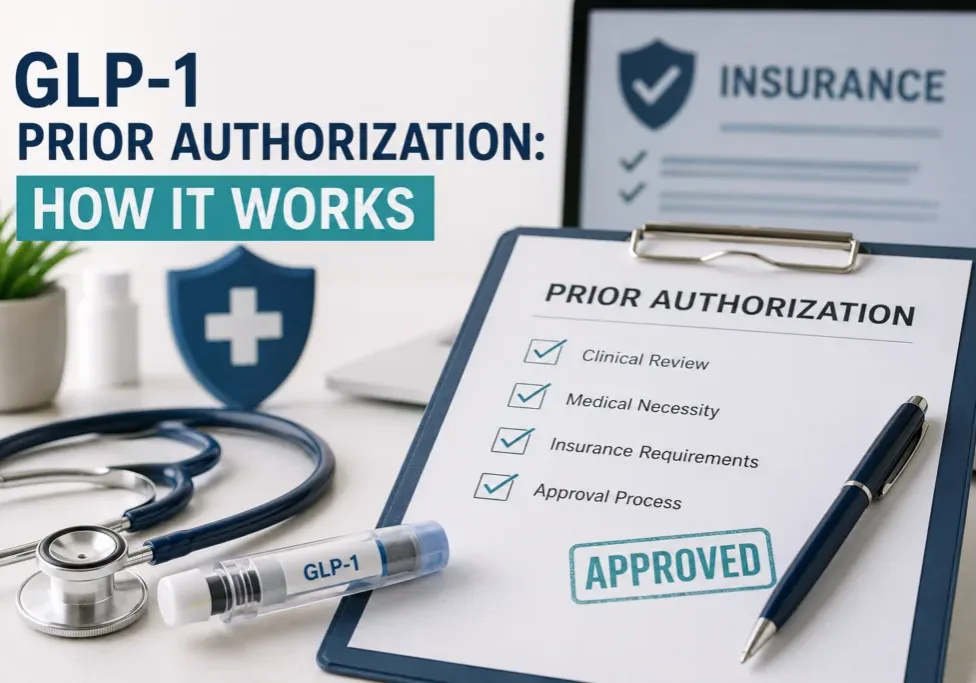 GLP-1 prior authorization checklist with insurance approval form, pen, stethoscope, and GLP-1 injection pen.