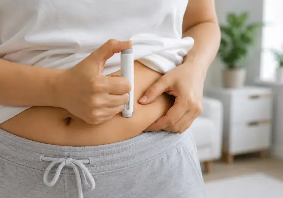 Person using a GLP-1 injection pen at home for medically supervised weight loss