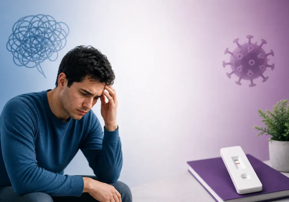 HIV Symptoms vs Anxiety concept with a worried man and HIV test kit.
