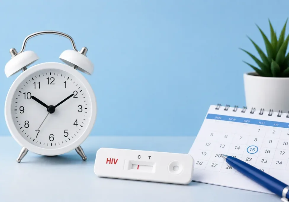 HIV test result kit beside a clock and calendar
