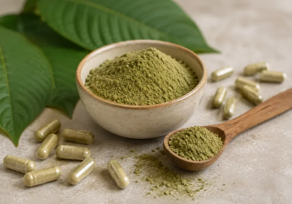 Ceramic bowl filled with kratom powder beside a wooden scoop, herbal capsules, and fresh green leaves on a neutral surface.