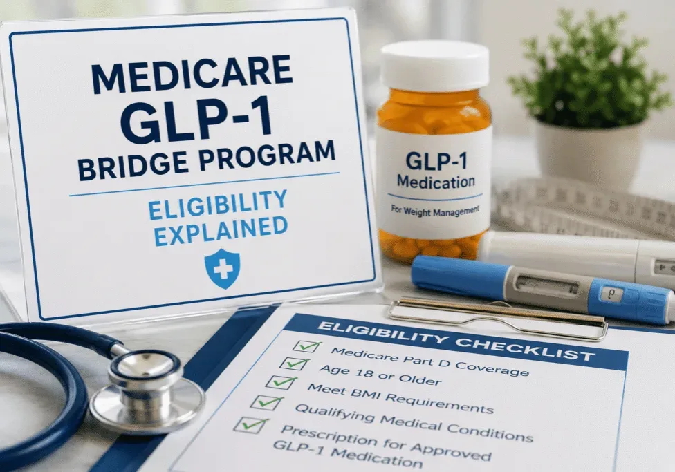 Medicare GLP-1 Bridge Program eligibility checklist with GLP-1 medication and medical supplies