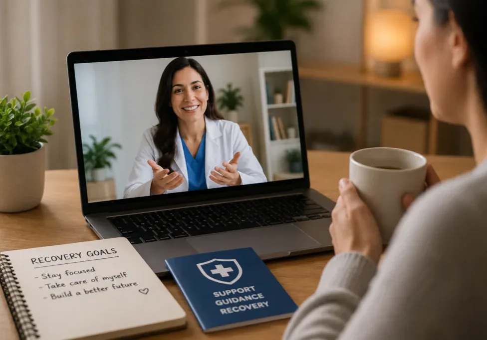 Patient speaking with a clinician during online Suboxone treatment from home