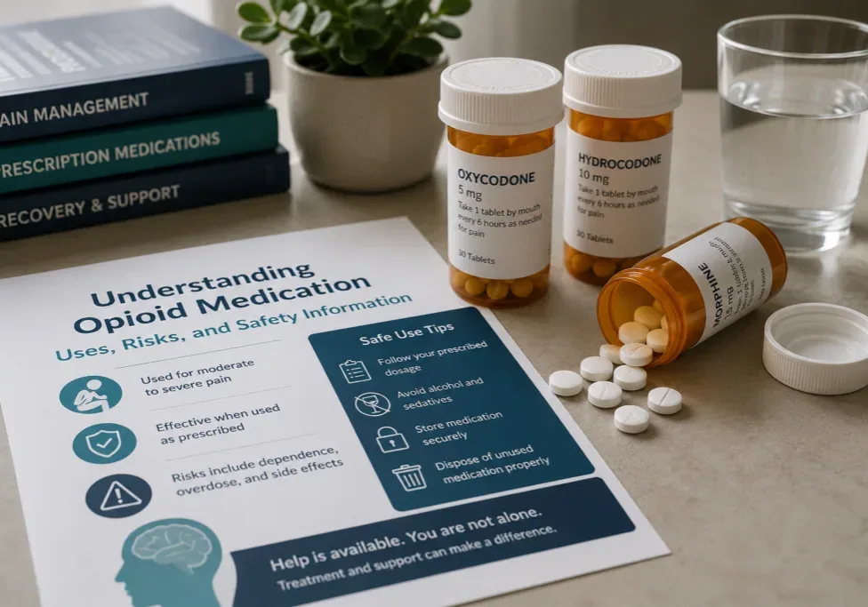 Opioid medication safety guide with prescription bottles and pills on a clinic desk