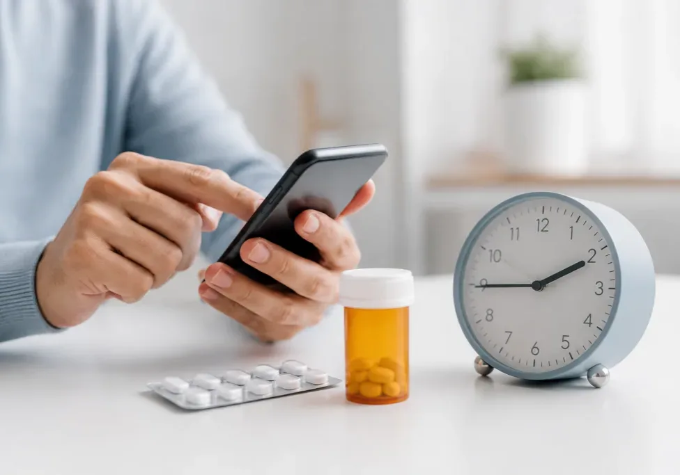 Person seeking urgent HIV prevention guidance on a smartphone with PEP medication and clock nearby.