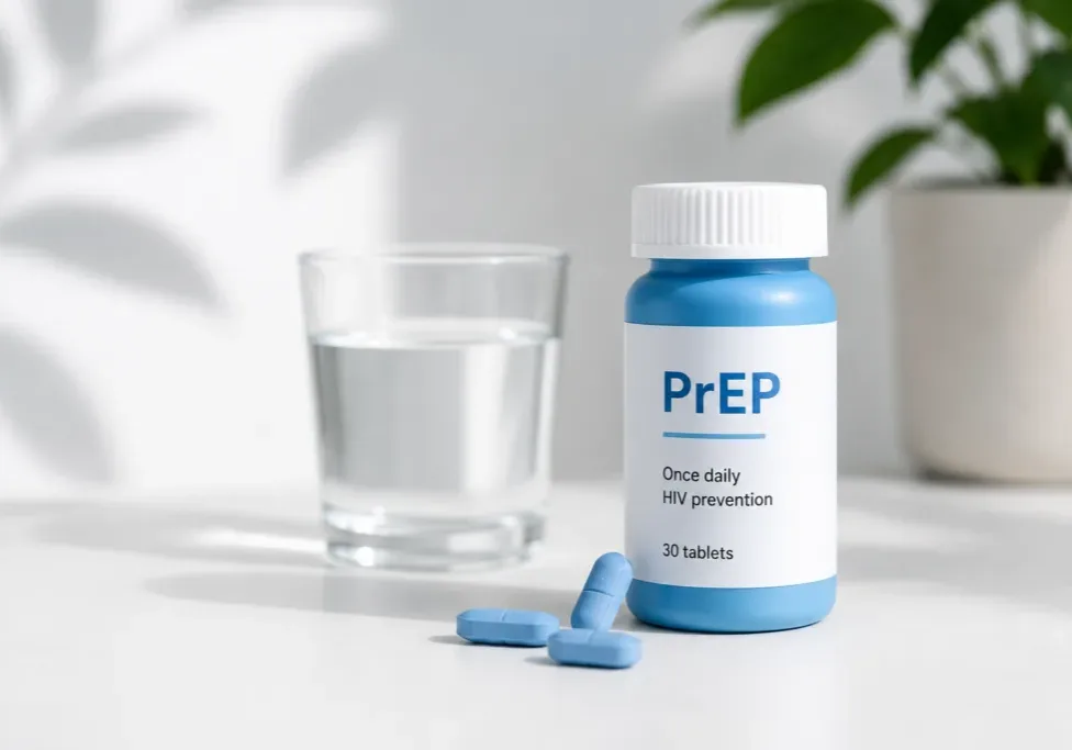 PrEP medication bottle with tablets and glass of water