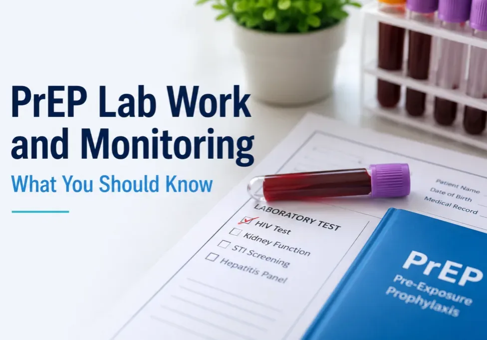 PrEP lab work checklist with blood sample tubes and HIV prevention materials.