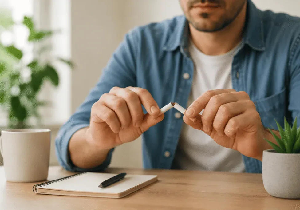 Man breaking a cigarette as part of a plan to quit smoking