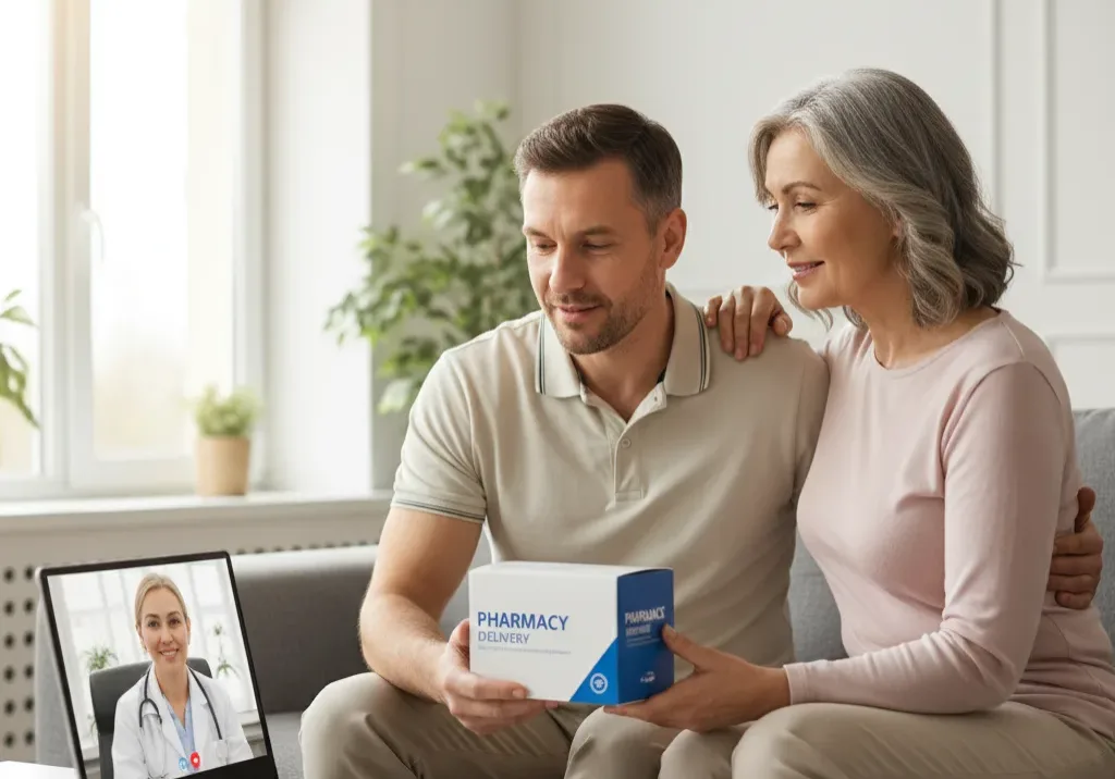 Couple video chatting with a doctor online.