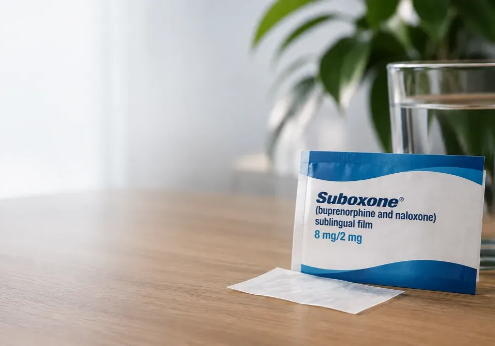 Suboxone medication packet beside a glass of water on a wooden table