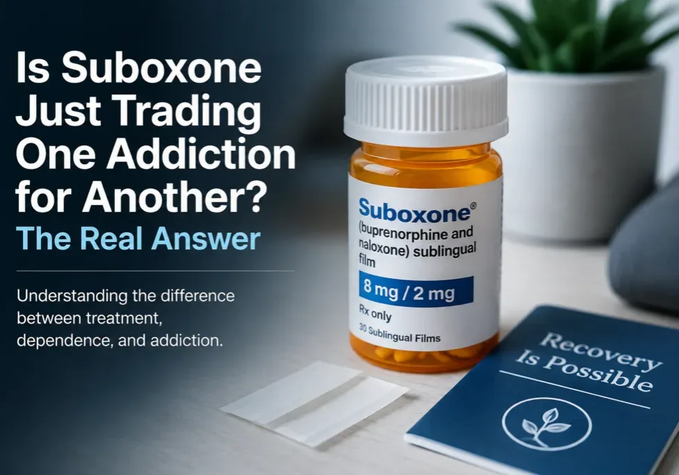 Suboxone medication bottle and recovery guide on a table