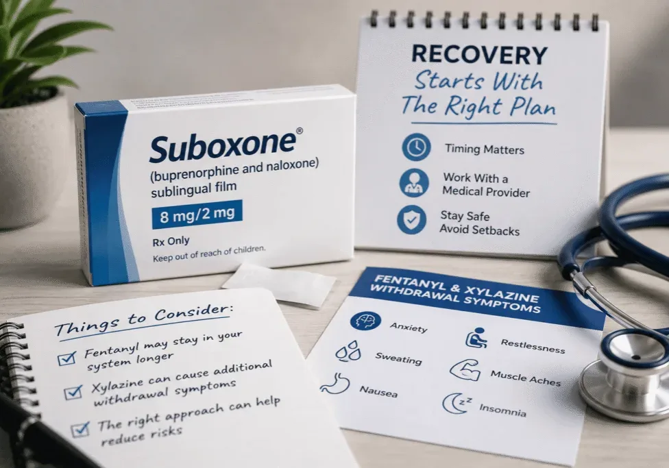 Suboxone induction checklist with medical supplies for fentanyl and xylazine withdrawal treatment