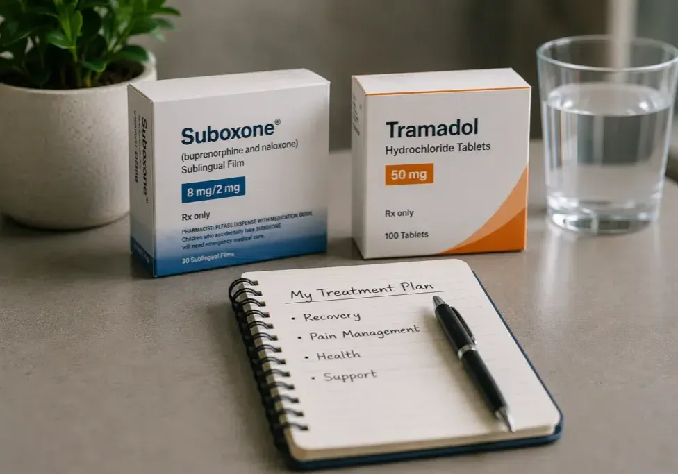 Suboxone and tramadol medication boxes beside a treatment notebook and glass of water