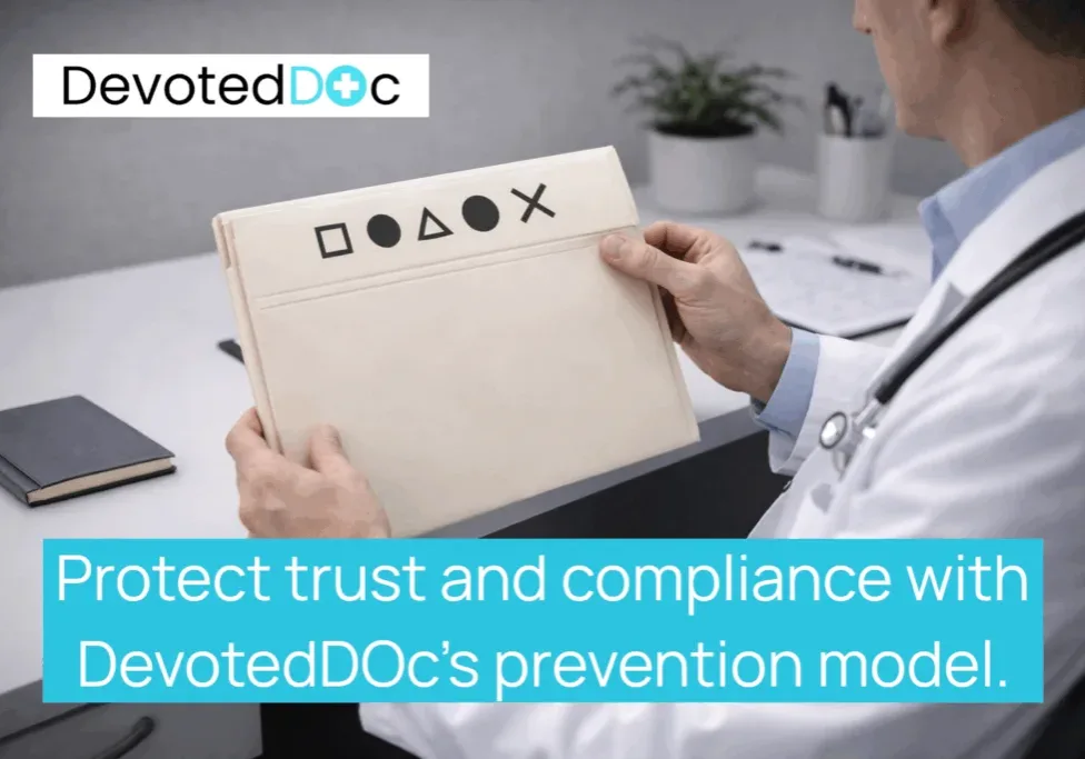 Doctor holding folder in medical office.