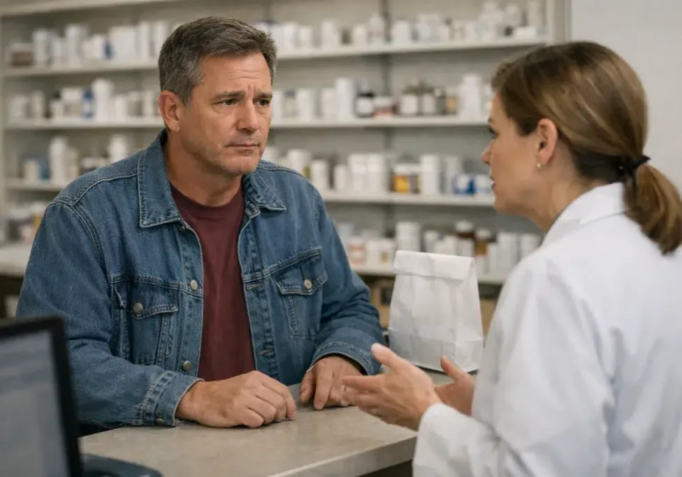Adult patient speaking with pharmacist about Suboxone prescription coordination at pharmacy counter.