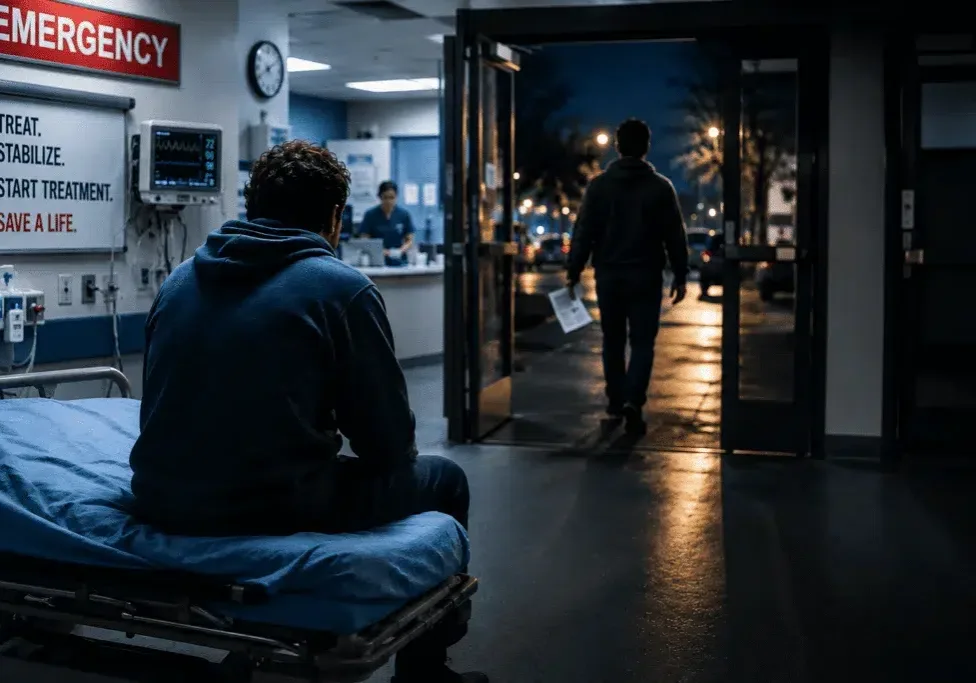 Patient leaving the emergency department after opioid overdose treatment while another patient waits inside.