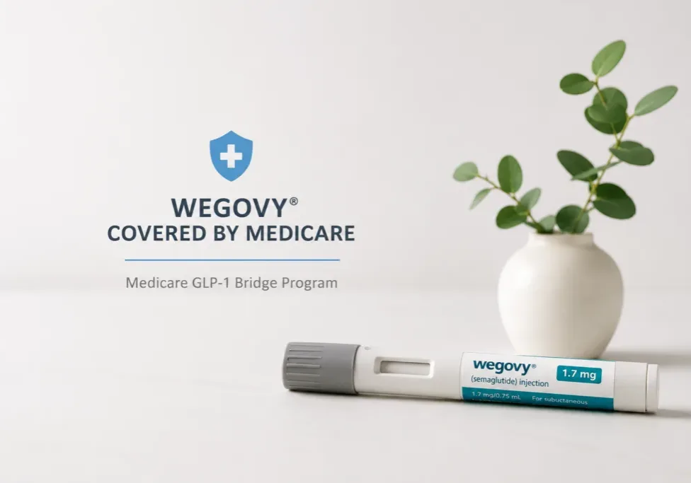 Minimalist Wegovy injection pen representing Medicare coverage for chronic weight management through the GLP-1 Bridge Program.