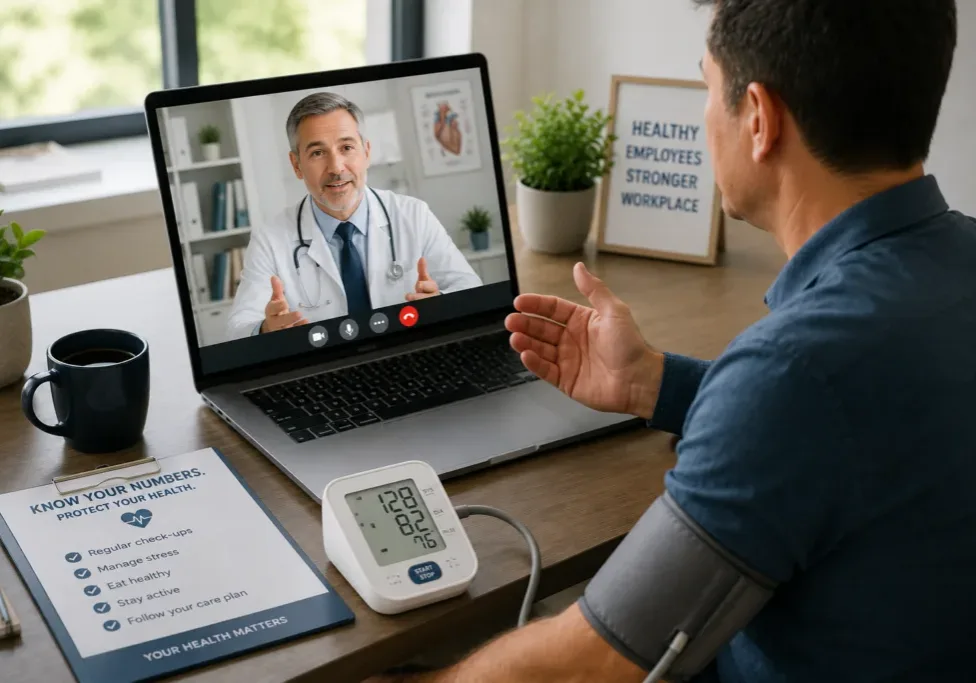 Employee discussing hypertension during telehealth visit