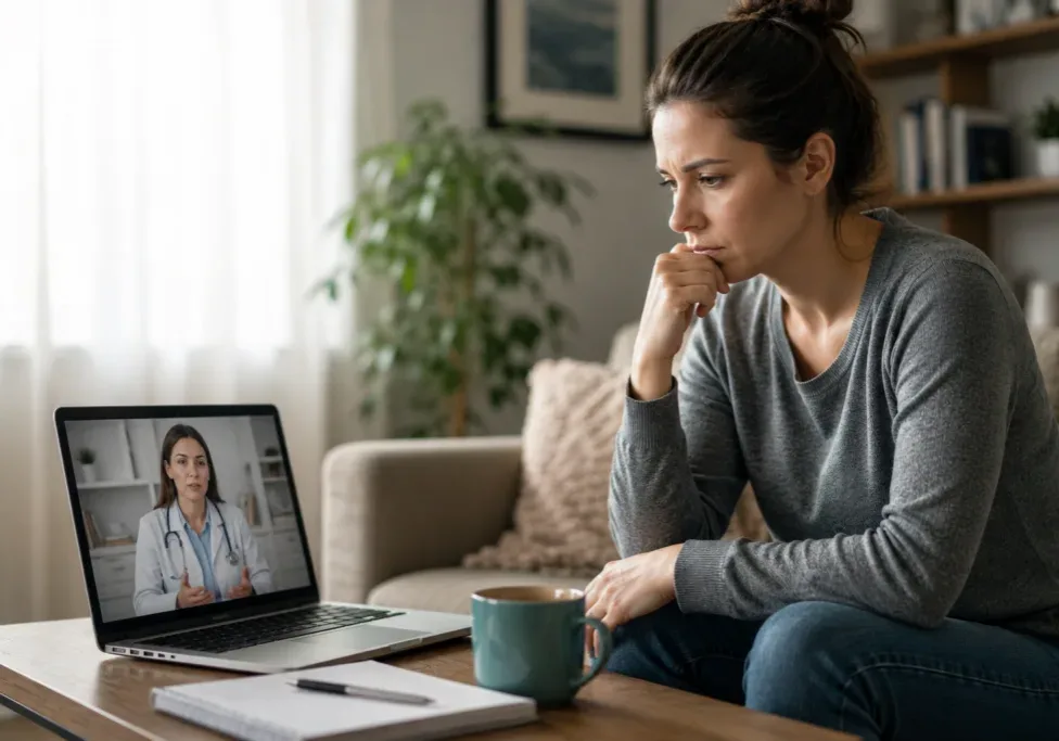 Concerned woman attending a telehealth consultation about xylazine detox at home