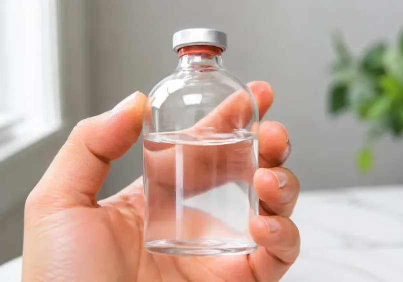 Hand holding a clear xylazine vial in a clinical setting
